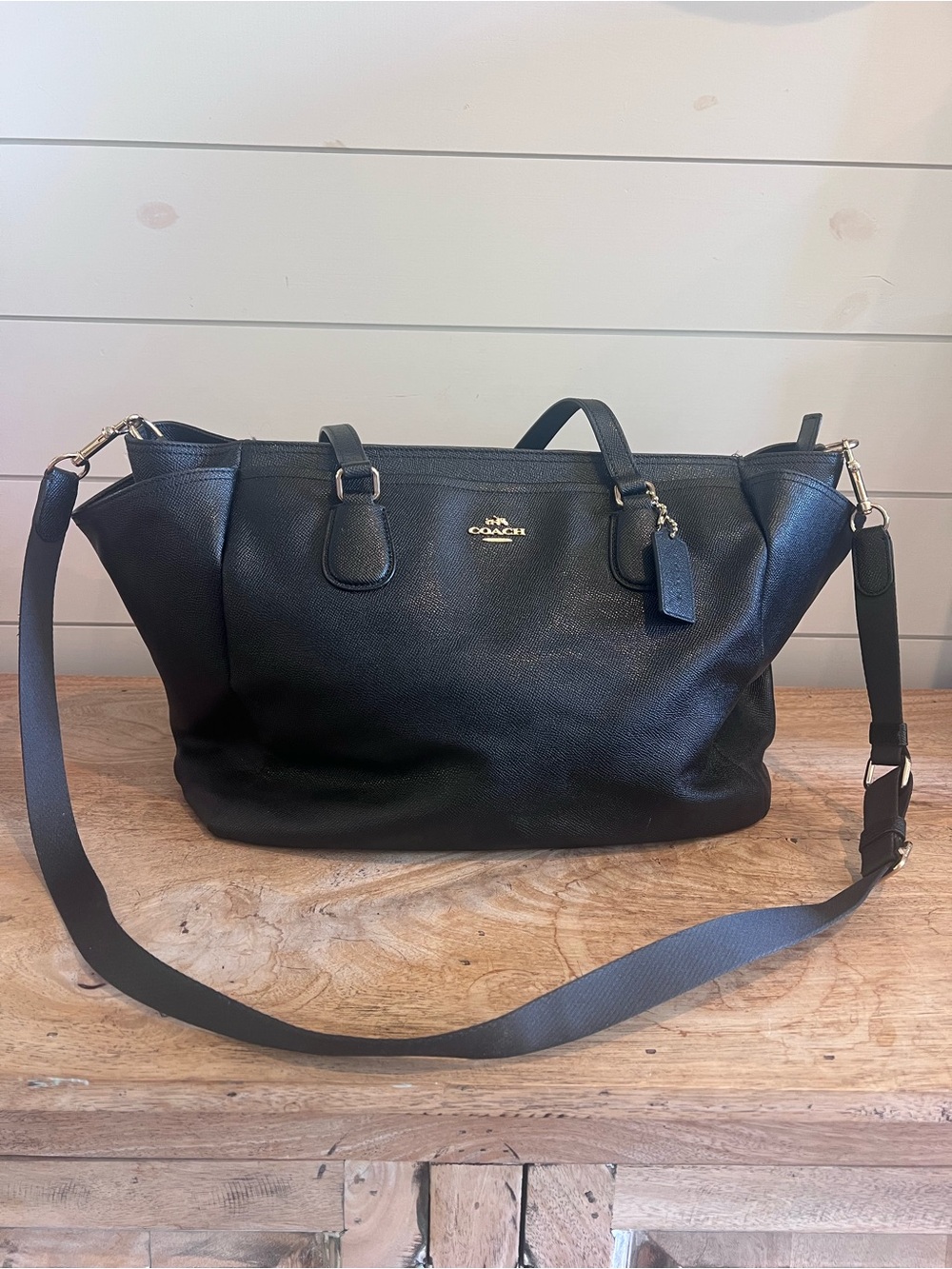 Coach Black Leather Large Diaper Bag Double Handles Detachable Strap Gold/Silver